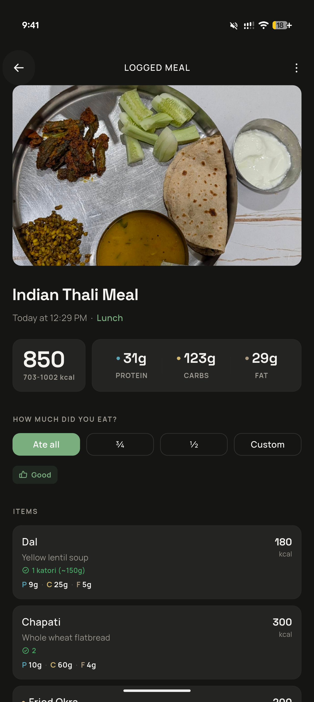 Meal detail breakdown